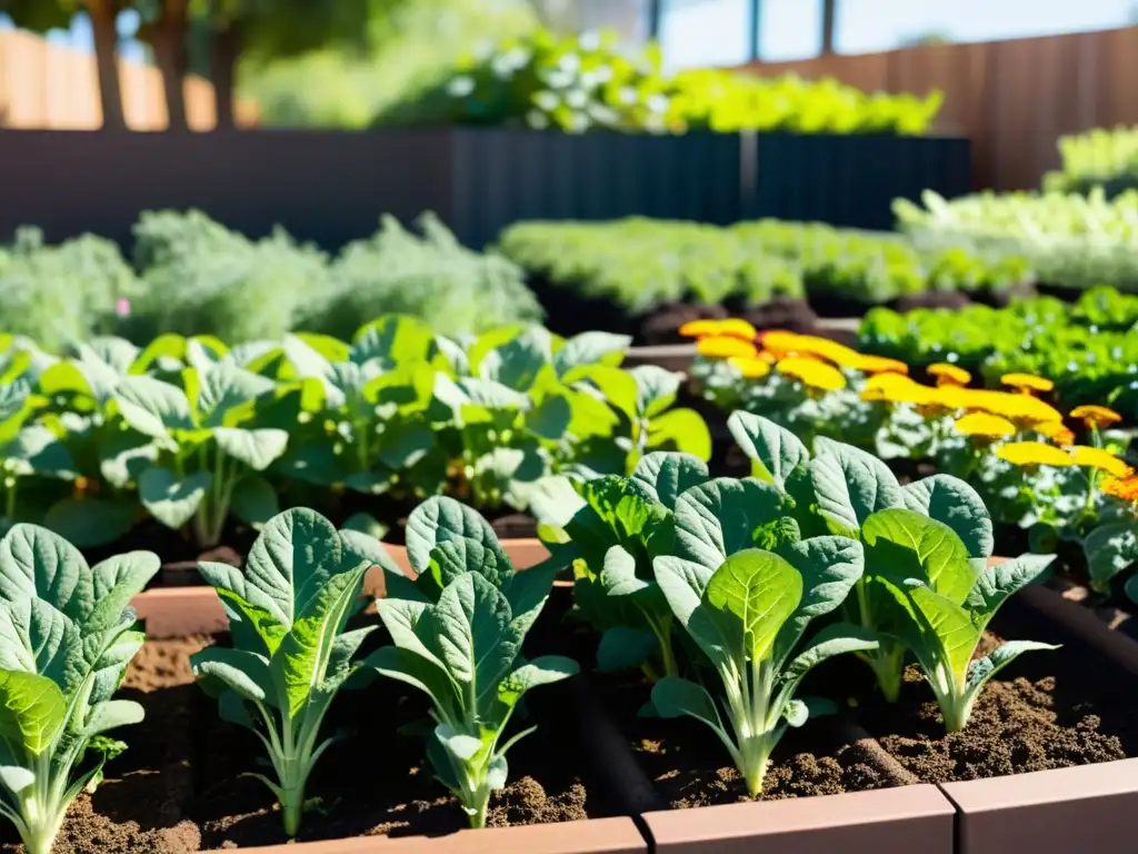 Sistemas de riego sostenible en huerto urbano con vegetales y flores vibrantes, bañados por la luz solar entre sombras suaves