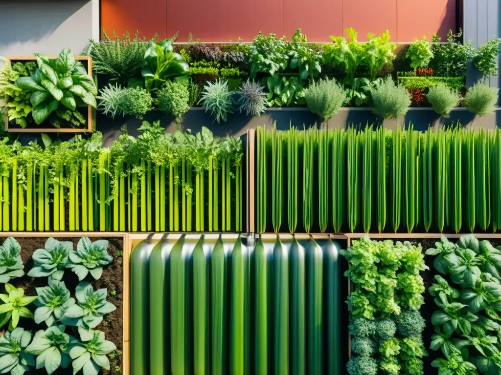 Sistemas de riego sostenible en un huerto urbano lleno de vegetales y hierbas, bañado por cálida luz solar y colores vibrantes