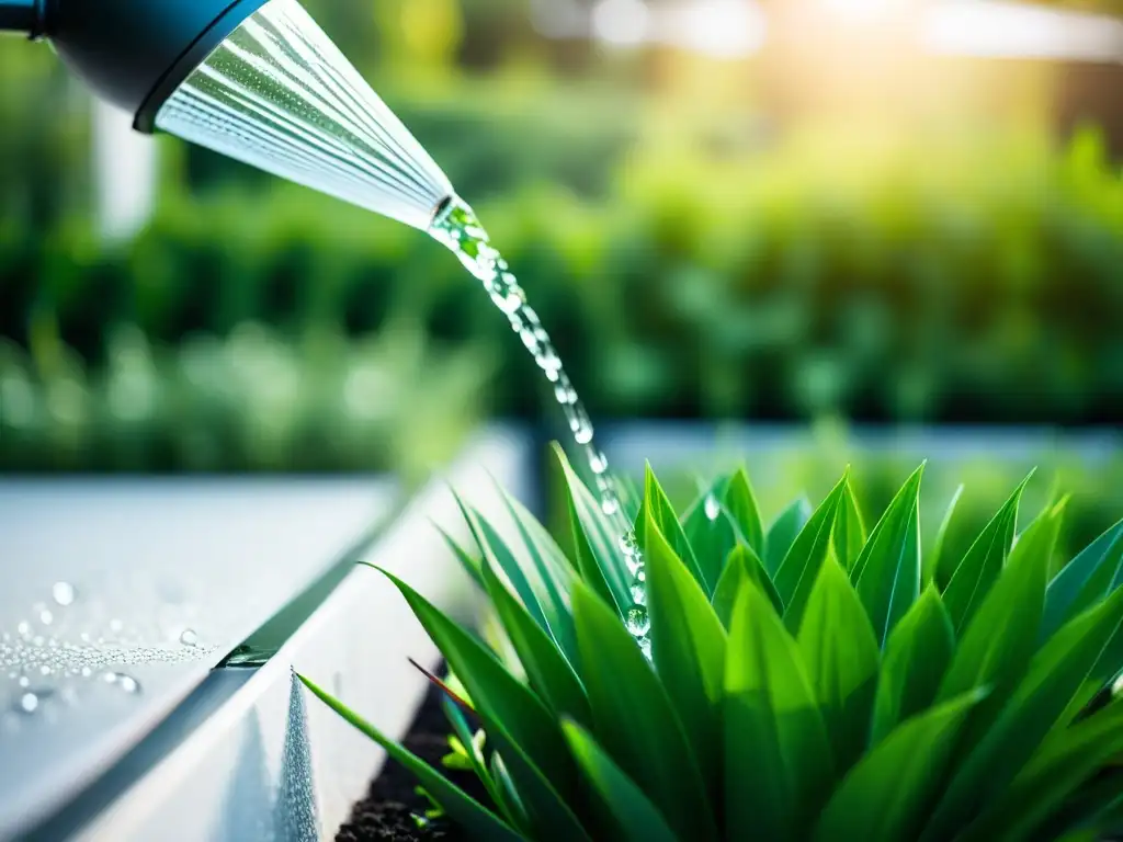 Sistemas de riego sostenible en un huerto urbano, fusión de tecnología y naturaleza, con agua reciclada y plantas exuberantes