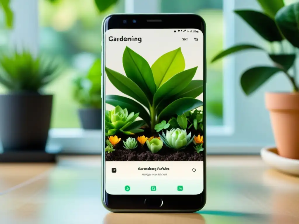 Un smartphone muestra una app de cuidado de plantas en un ambiente interior elegante y acogedor