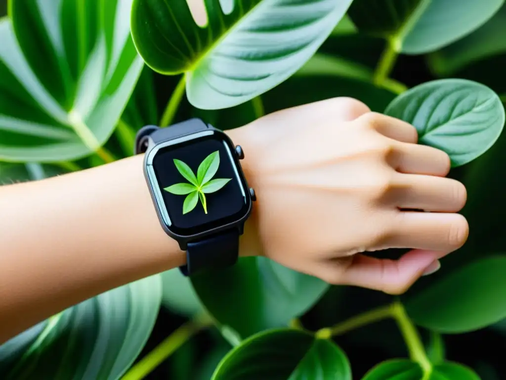 Smartwatch negro mate reflejando planta verde vibrante, simbolizando la armonía entre tecnología wearable para cuidado plantas interiores y naturaleza