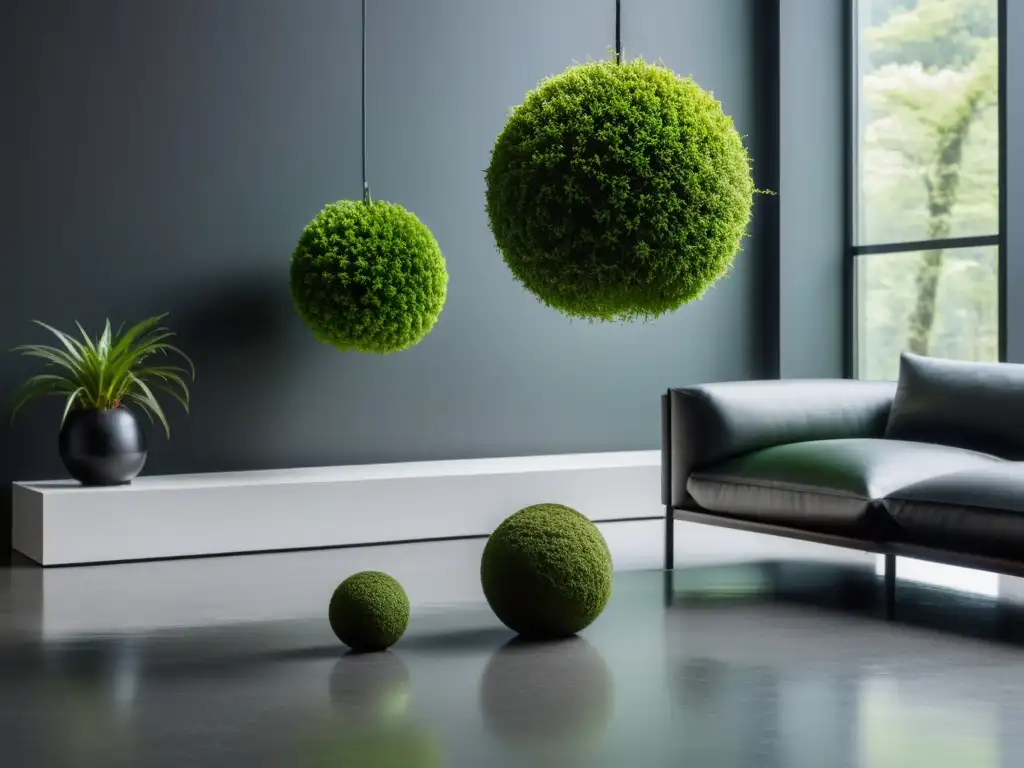 Sofisticada decoración con kokedama: esferas de musgo suspendidas en un moderno salón minimalista, iluminado por luz natural