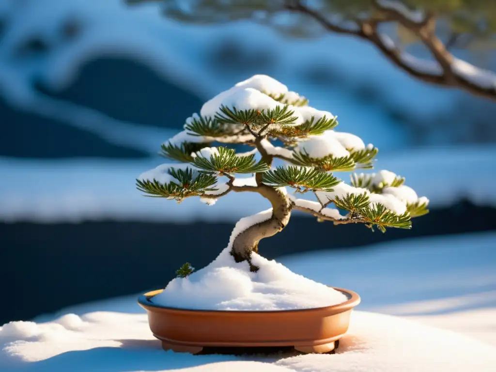 Un solitario árbol bonsái, sus delicadas ramas cubiertas de una ligera capa de nieve, en un paisaje invernal sereno