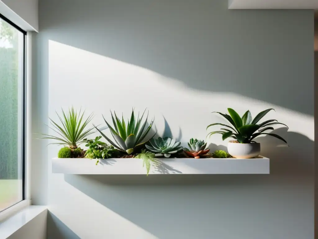 Soluciones para jardines interiores en apartamentos pequeños: Jardín interior minimalista con plantas en estantes flotantes, bañado por luz natural