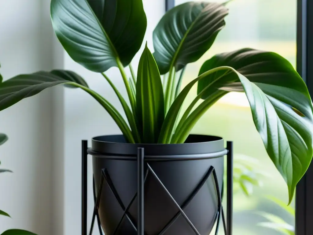 Un soporte de plantas interior moderno y elegante con plantas exuberantes y diseño minimalista
