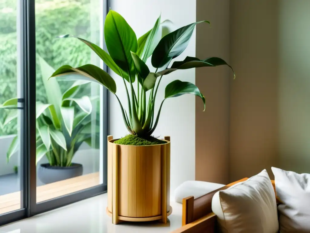 Un soporte de plantas interior sostenible de bambú, con variedad de plantas verdes bajo la luz natural