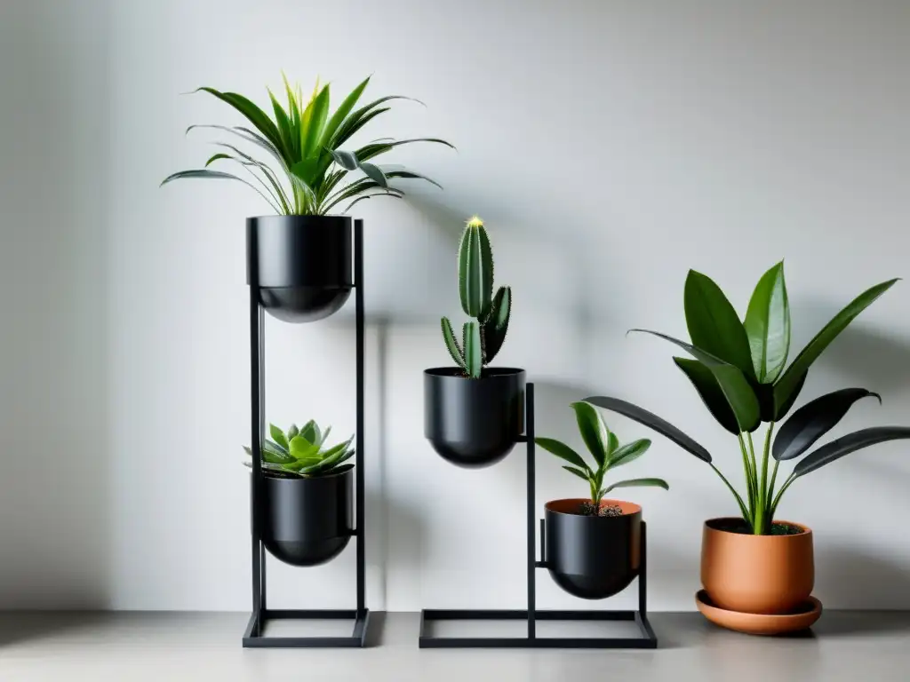 Un soporte vertical de plantas minimalista en negro, con varias macetas pequeñas dispuestas a diferentes alturas