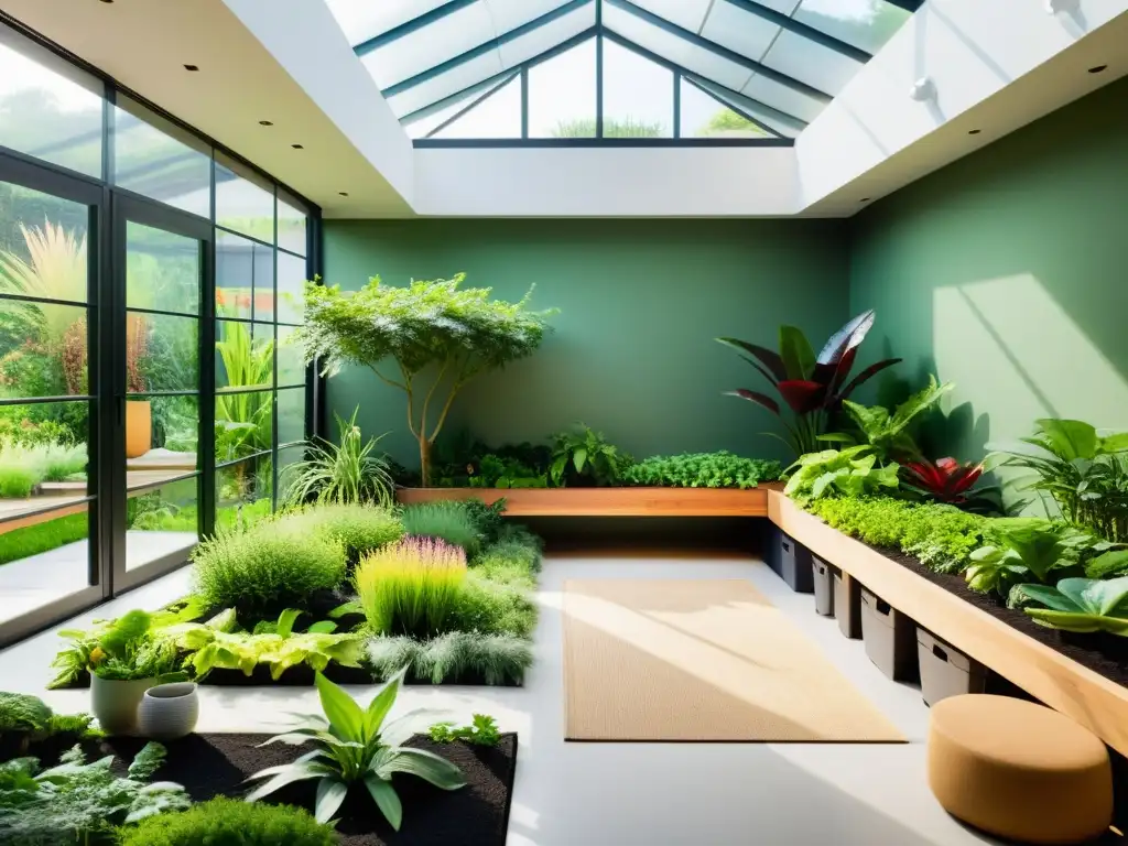 Un jardín interior sostenible, armonioso y acogedor con plantas verdes y un diseño cuidadoso, iluminado por luz natural