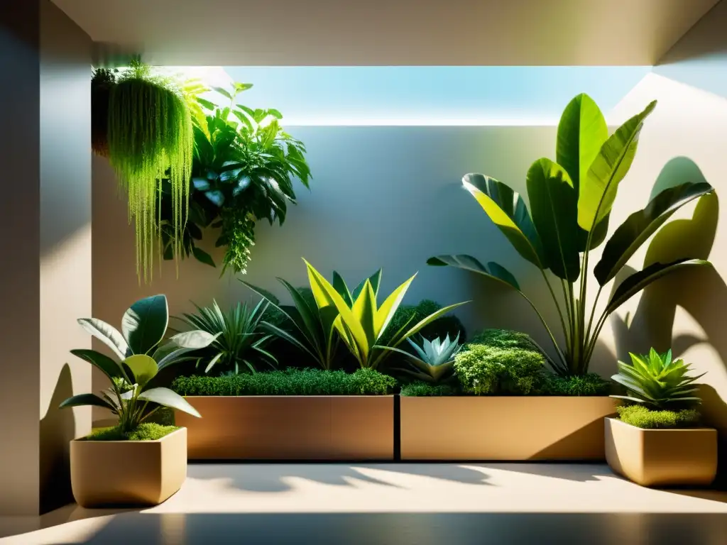 Un jardín interior sostenible bañado por la luz del sol, con plantas exuberantes en macetas ecológicas