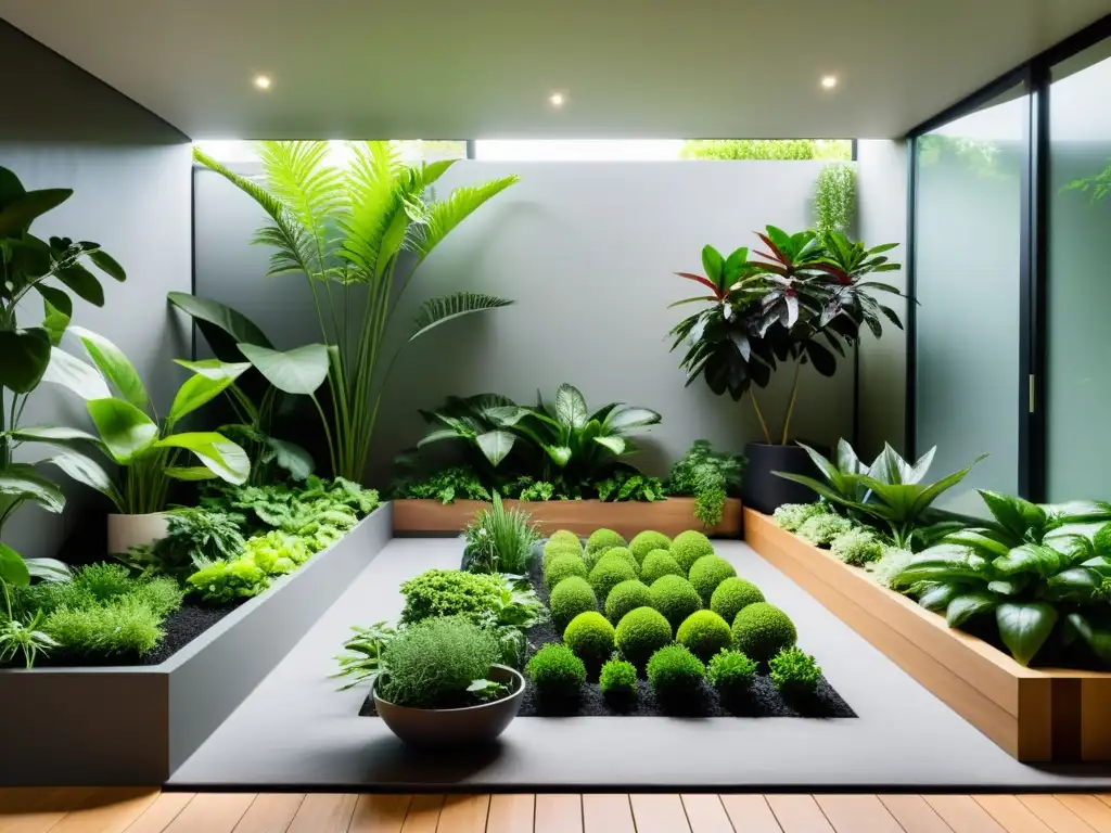 Un jardín interior sostenible con plantas exuberantes y armonía natural en un espacio moderno y sereno