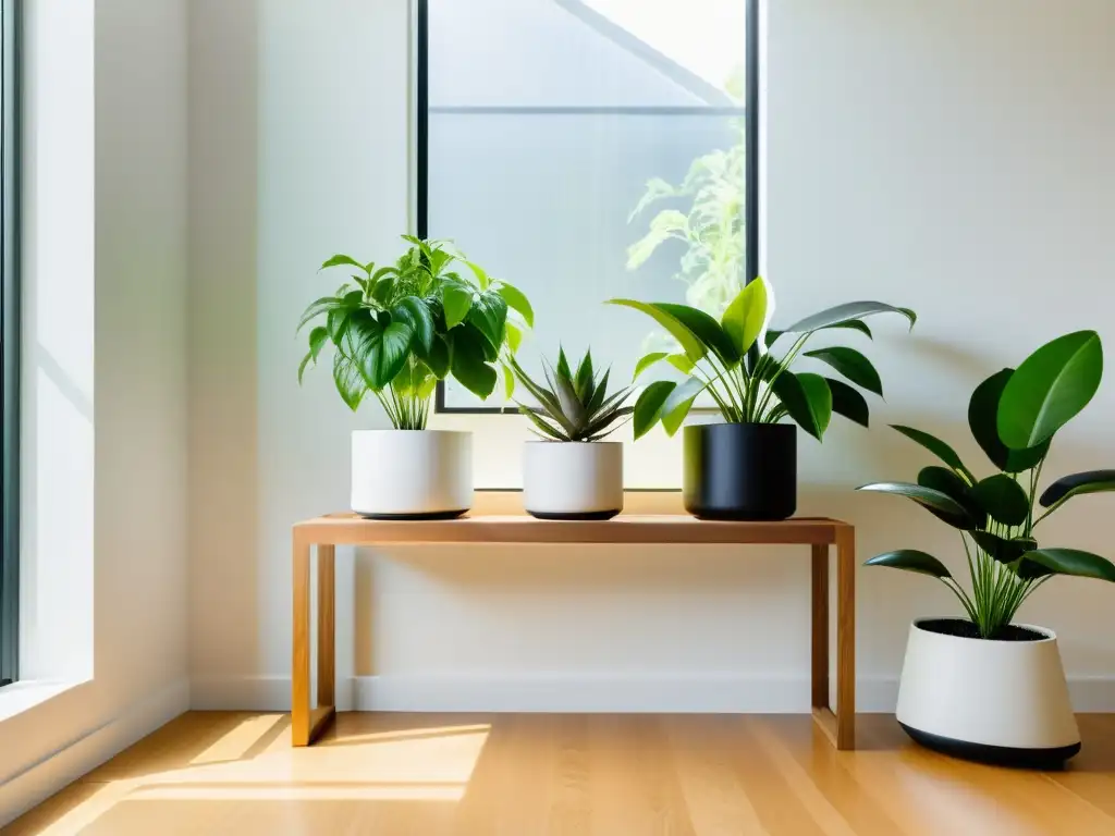 Un jardín interior sostenible con plantas exuberantes en macetas de madera, irradiando elegancia y conciencia ambiental