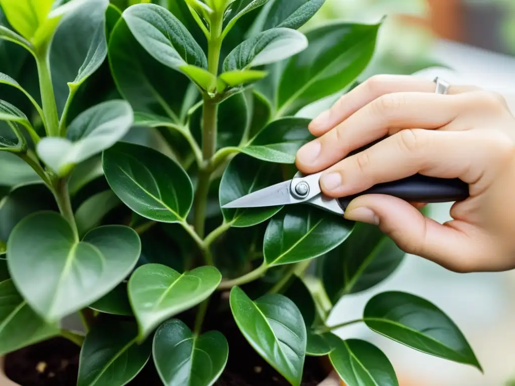 Propagación sostenible de plantas de interior: manos cuidadosas cortando un esqueje de planta verde vibrante con tijeras de podar