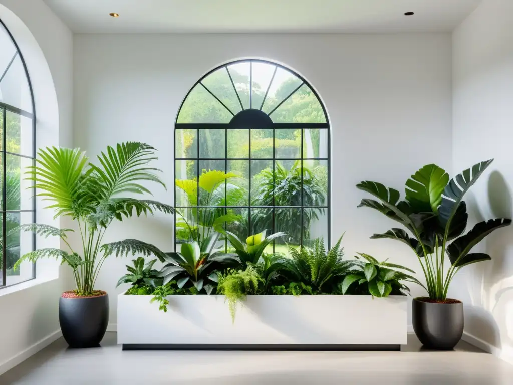 Un jardín interior sostenible: plantas verdes exuberantes en modernos maceteros, luz natural y diseño elegante