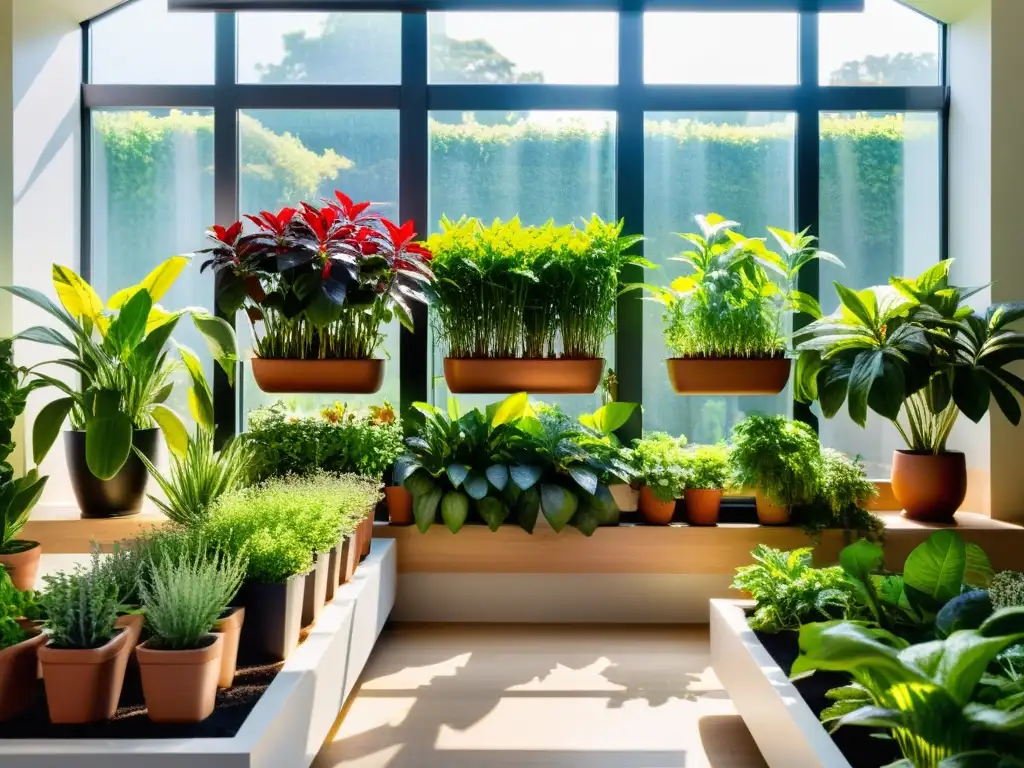 Un jardín interior sostenible, repleto de plantas en armonía, bañado por la cálida luz solar