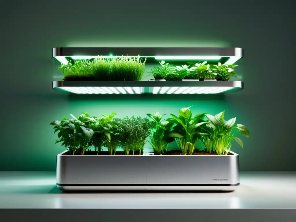 Un jardín interior sostenible con tecnología innovadora y diseño futurista, iluminado por luces LED