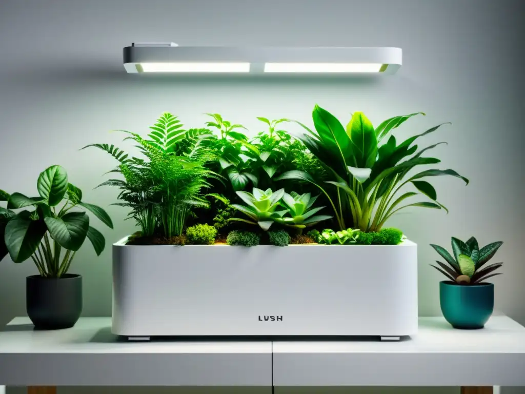 Jardín interior sostenible con tecnología, plantas exuberantes en maceta blanca con luces LED, decoración moderna