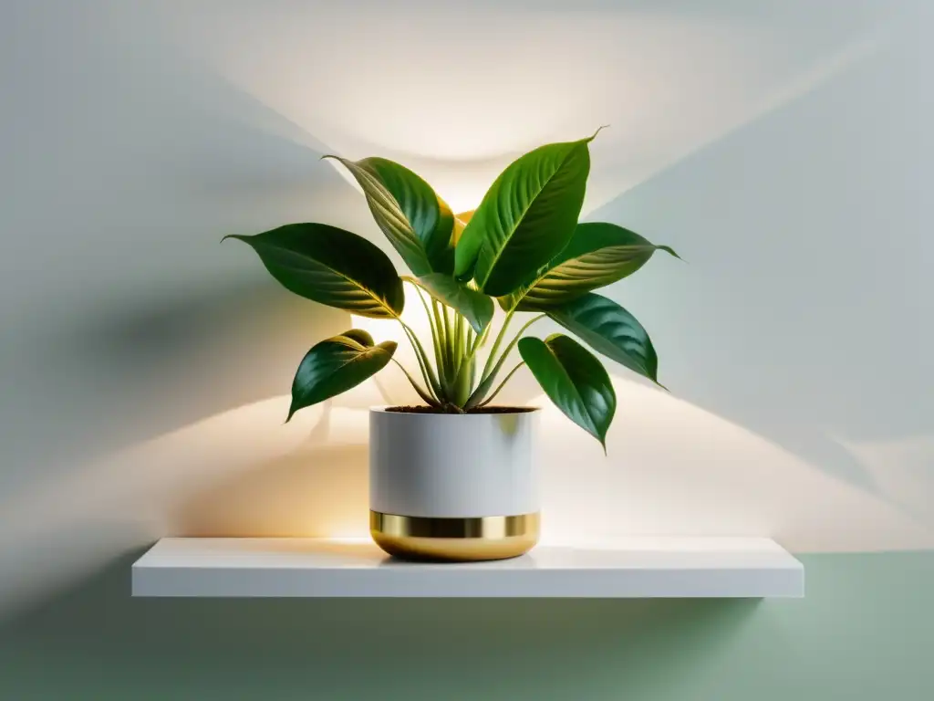 Iluminación suave resalta planta de interior en estante moderno blanco, creando atmósfera serena y elegante