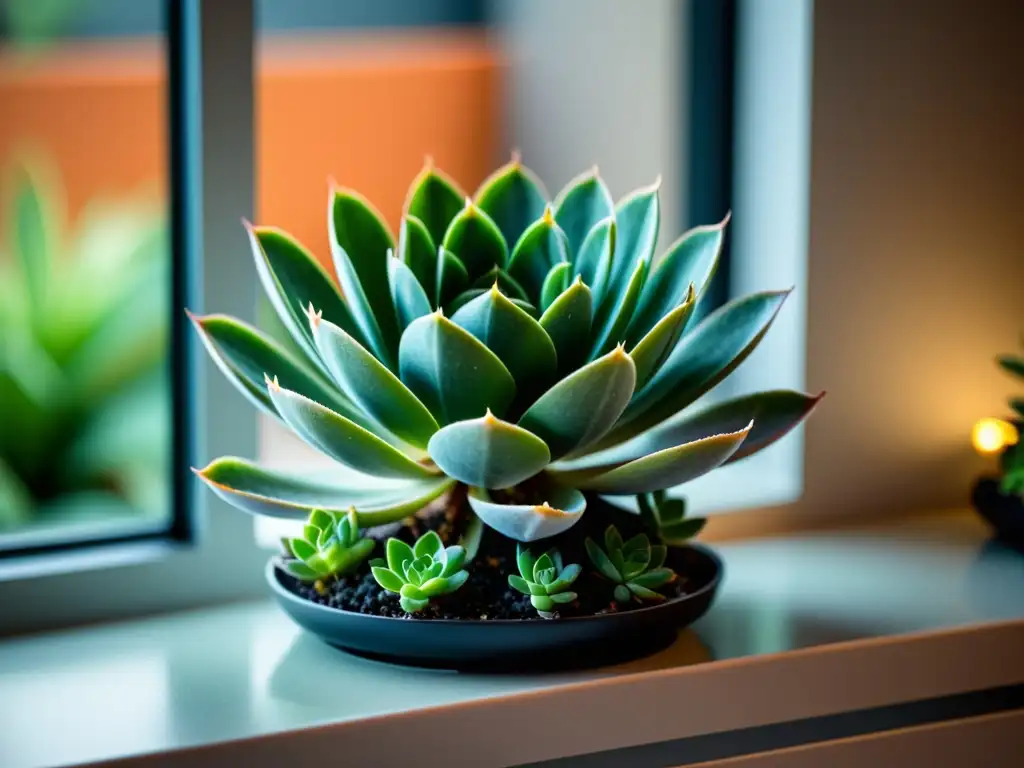 Suculenta de clima frío cuidada con esmero en un elegante interior, con hojas heladas y luz natural serena