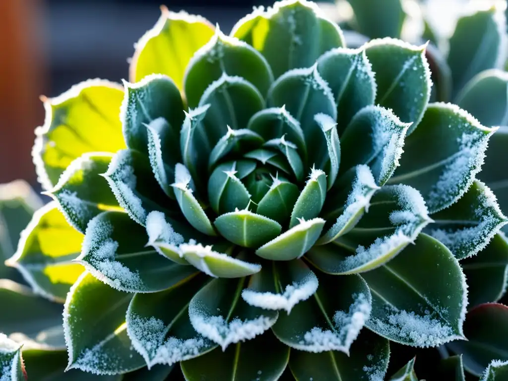 Una suculenta cubierta de escarcha, contrastando su verde vibrante con el intenso frío