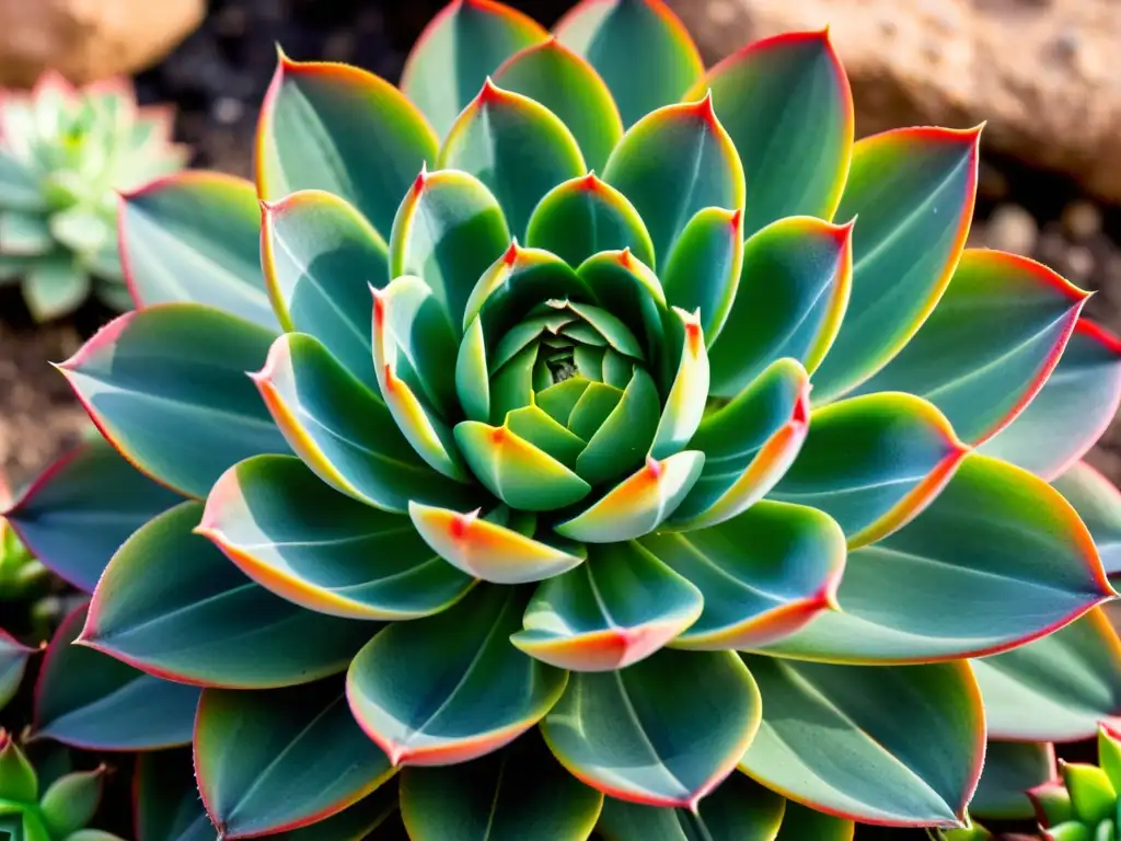 Una suculenta Echeveria agavoides vibrante destaca en el árido desierto, mostrando su belleza resiliente en hábitats extremos