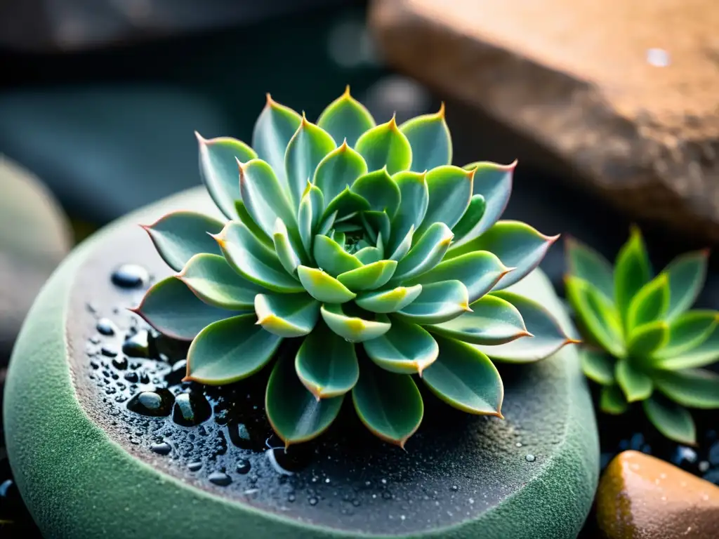 Una suculenta elegante en una maceta rocosa, con gotas de agua brillando