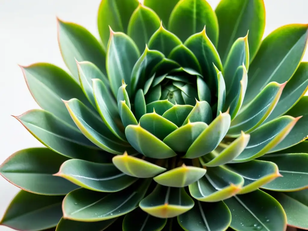 Una suculenta con hojas verdes vibrantes, patrones intrincados y gotas de agua, sobre fondo blanco