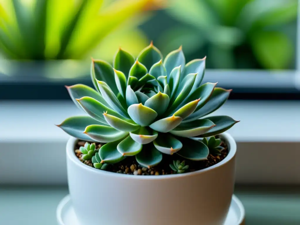 Una suculenta en un moderno macetero blanco, resaltando sus patrones y texturas bajo la suave luz natural