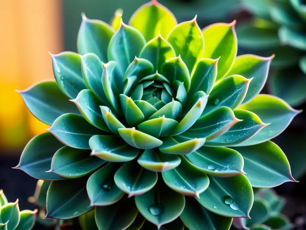 Una suculenta planta verde con gotas de agua, patrones intrincados y luz solar