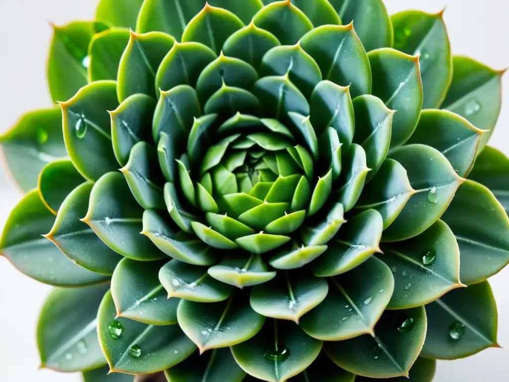 Una suculenta plantas resistentes para balcones ventosos, con hojas verdes y brillantes gotas de agua, sobre fondo blanco, irradiando belleza natural