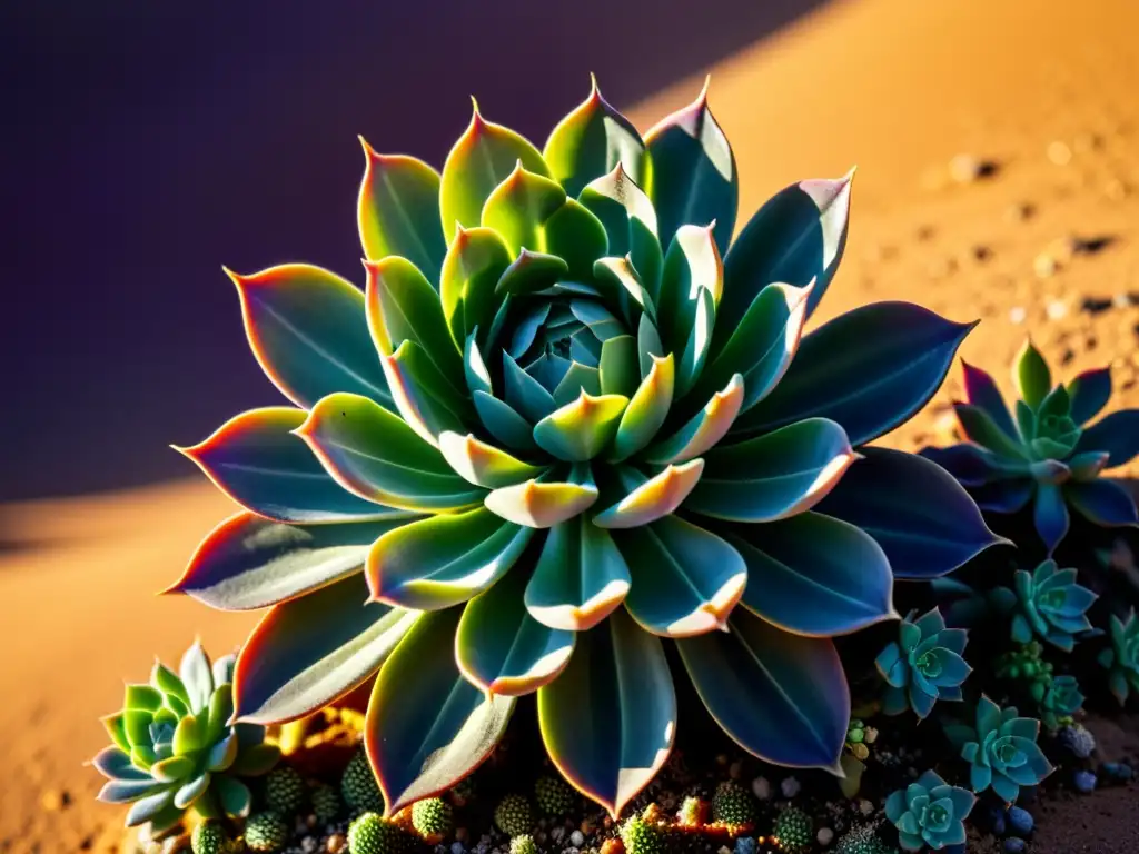 Suculenta rara para climas extremos: planta con tonos verdes y morados, hojas delicadas que almacenan agua, adaptada para sobrevivir en el desierto