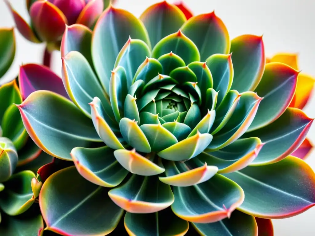 Suculenta rara cuidado interior: Detalle ultrarrealista de sus vibrantes flores y hojas en un fondo blanco