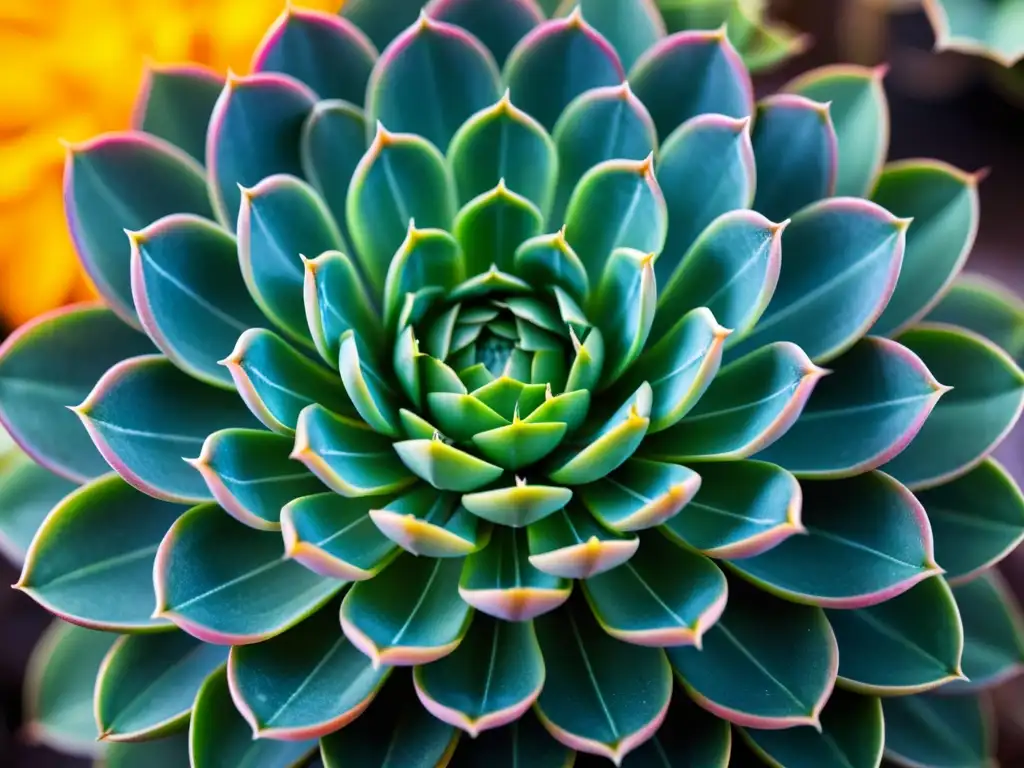 Una suculenta rara floreciendo en detalle, con patrones en sus hojas y flores exóticas, sobre un fondo minimalista