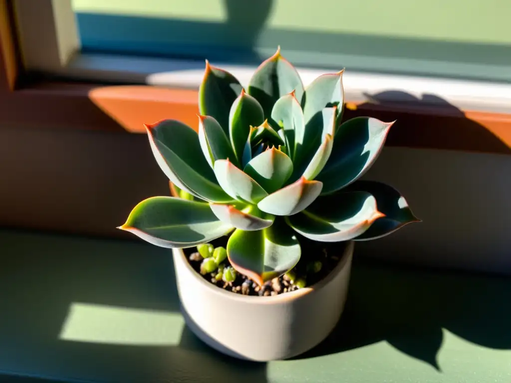 Una suculenta en la ventana, iluminada por el sol, proyecta una sombra delicada