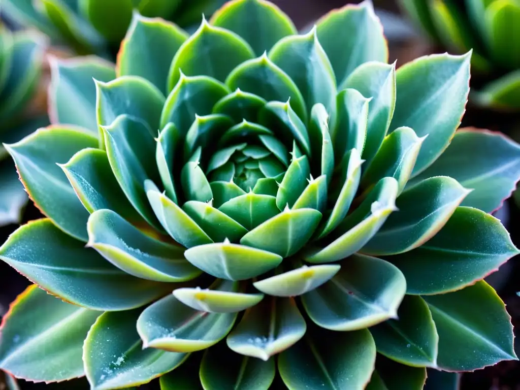 Una suculenta verde vibrante resplandece con delicadas hojas cubiertas de escarcha, prosperando en el frío intenso