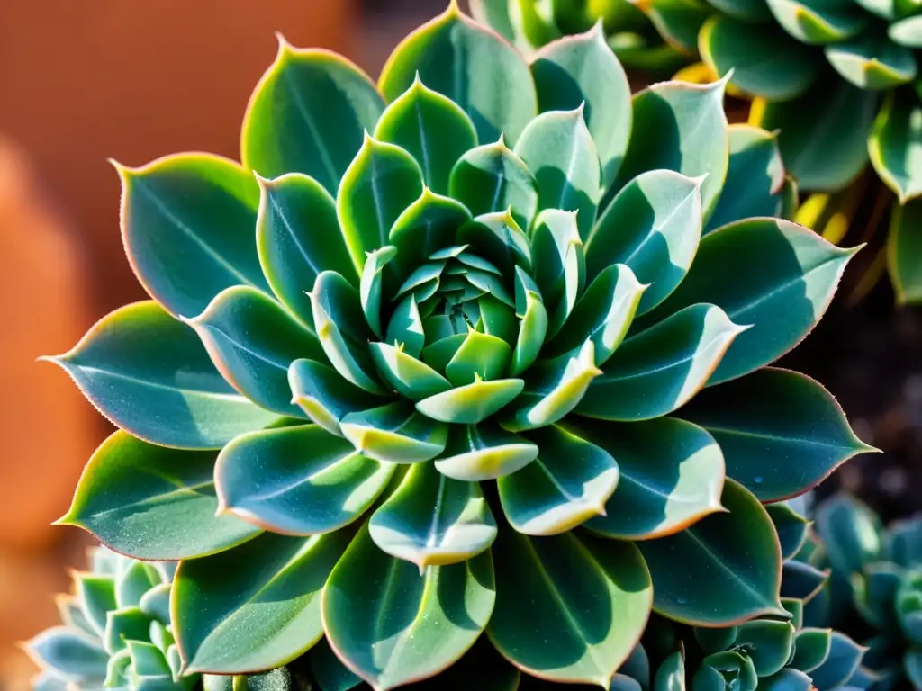 Una suculenta verde vibrante con gotas de agua, resplandeciendo bajo el intenso sol del desierto