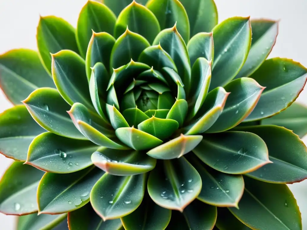 Una suculenta verde vibrante con gotas de agua, reflejando la luz en un fondo blanco limpio