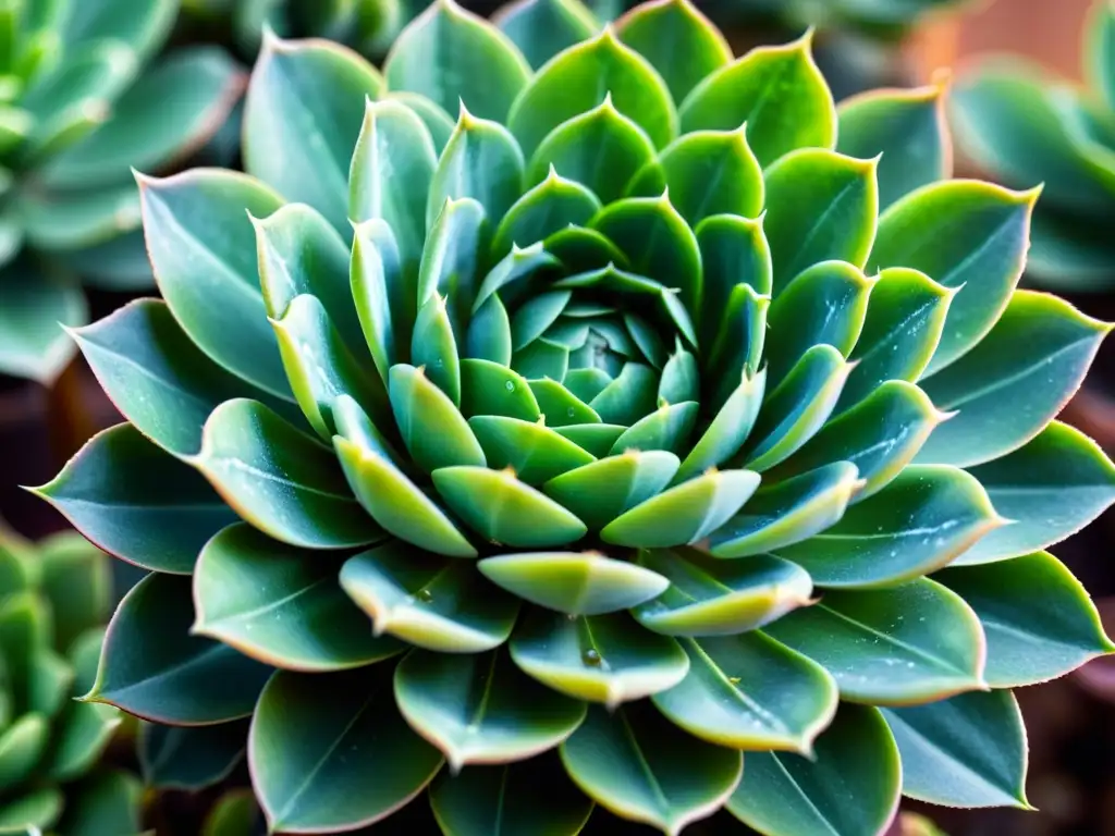 Una suculenta verde vibrante con hojas transparentes y delicadas, simbolizando cuidado interior y tranquilidad