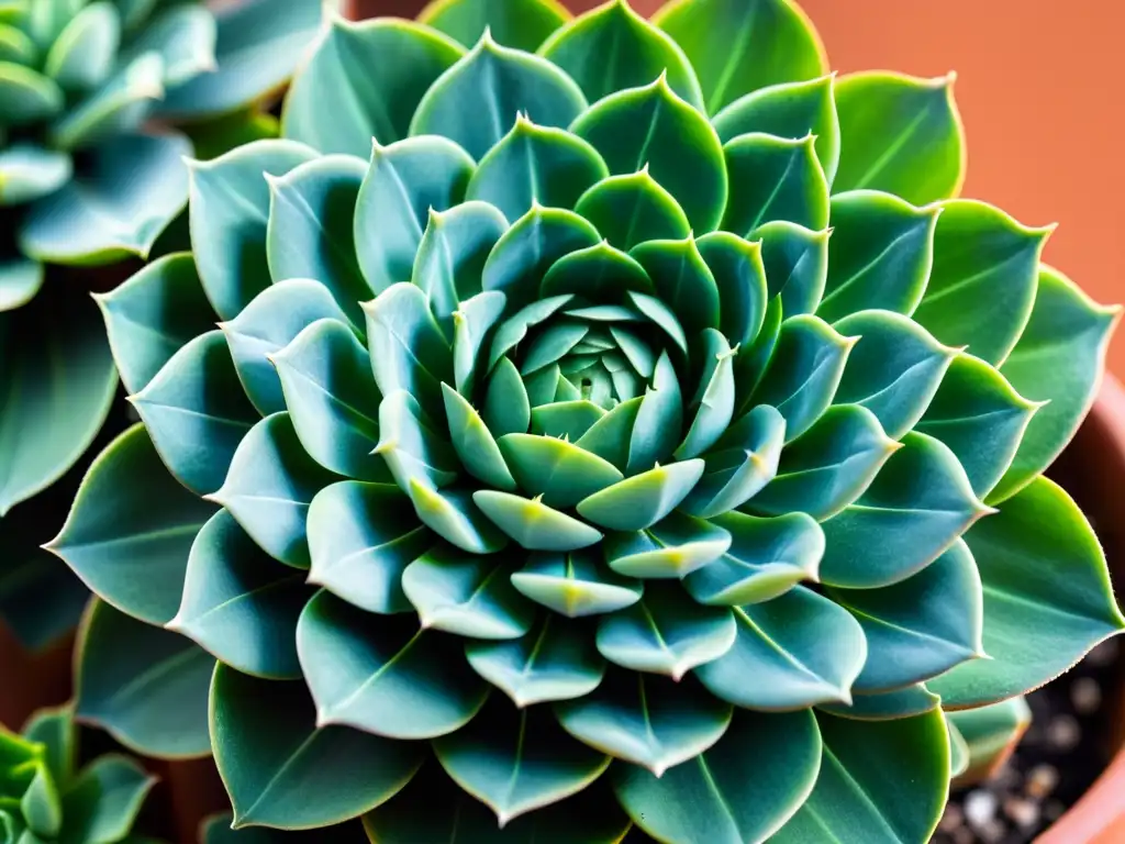 Una suculenta verde vibrante iluminada por el sol, con hojas carnosas en patrón de roseta