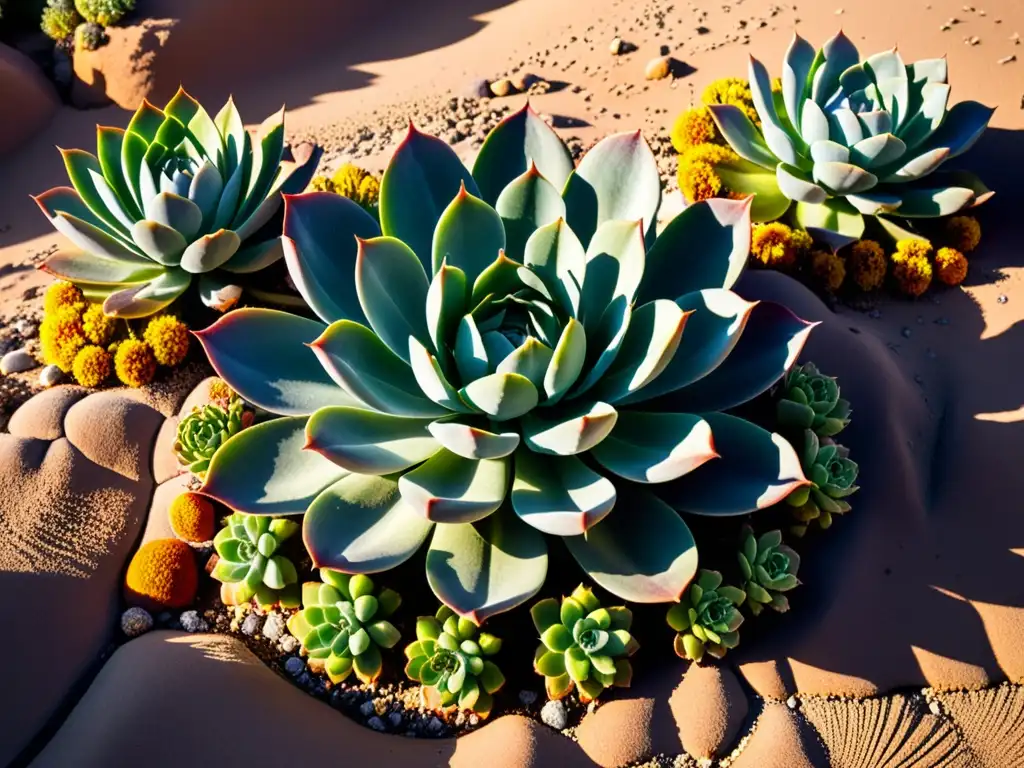 Suculentas exóticas en hábitat natural, creciendo en desierto rocoso con colores vibrantes y formas increíbles