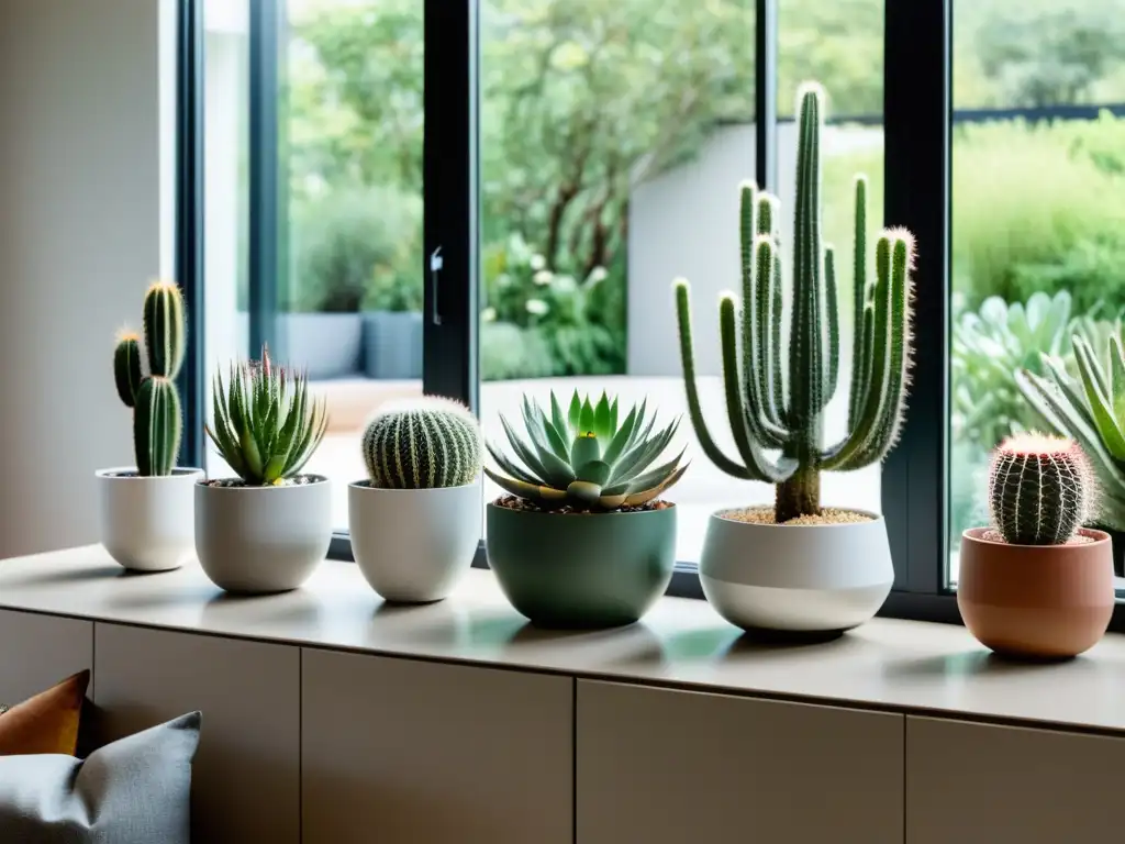 Colección de cactus y suculentas en un moderno salón con luz natural, creando un oasis interior