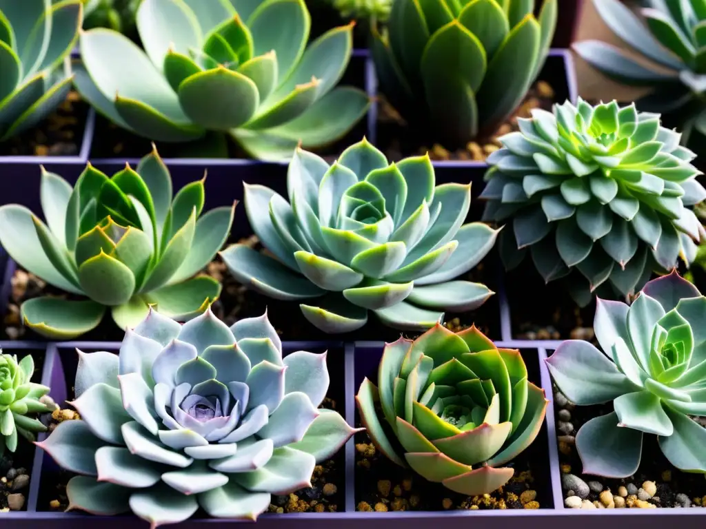 Jardín de suculentas plantas de interior en modernos maceteros, con variedad de tonos verdes y púrpuras