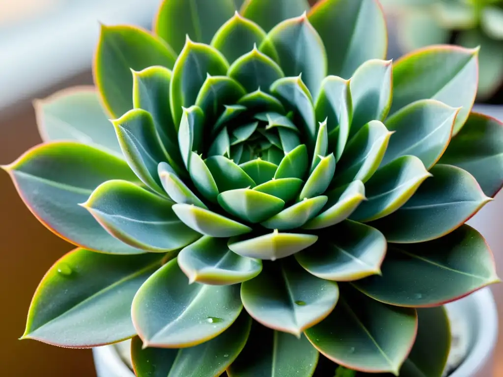 Un suculento verde vibrante con gotas de agua, en una maceta blanca moderna