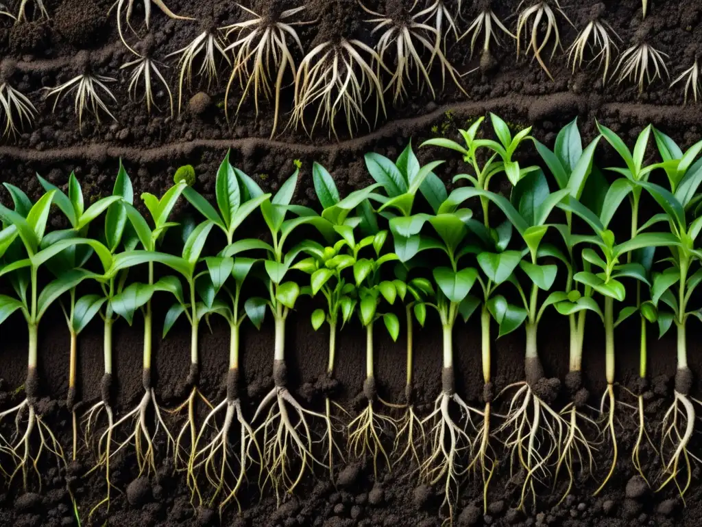 Un suelo oscuro y fértil rebosante de delicadas raíces verdes entrelazadas, mostrando la compleja relación entre las plantas y sus sustratos