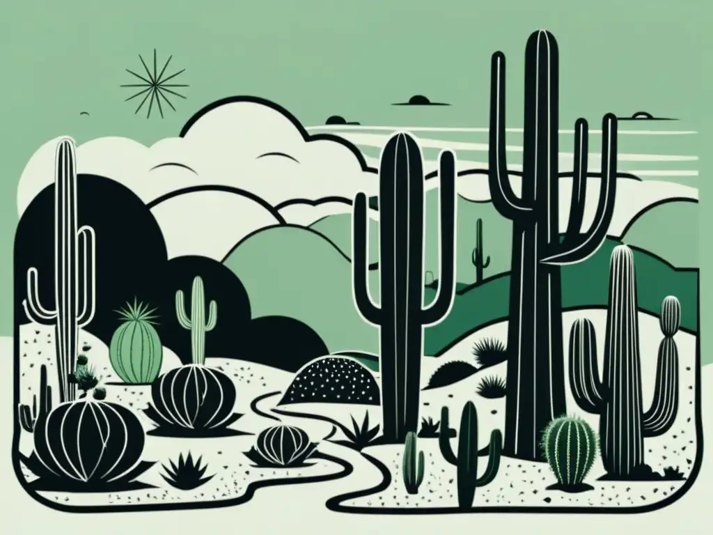 Representación surreal de plantas en arte: paisaje onírico con cactus curvos y elementos geométricos en blanco y negro