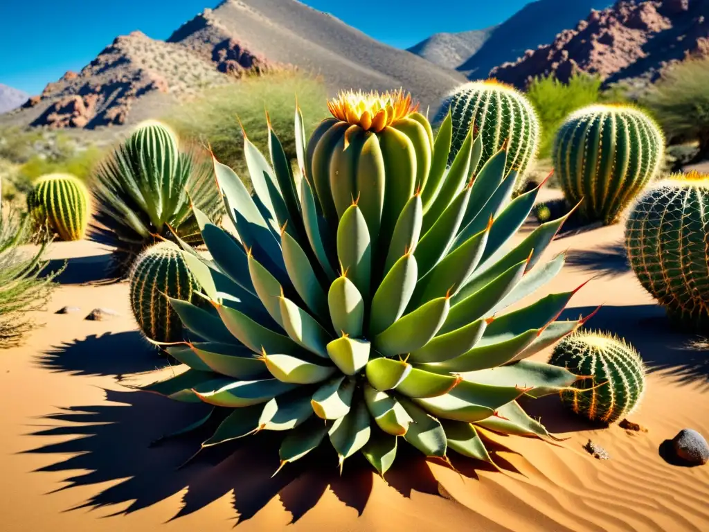 Representación surrealista de cactus en un paisaje desértico vibrante y único, destacando sus formas y colores