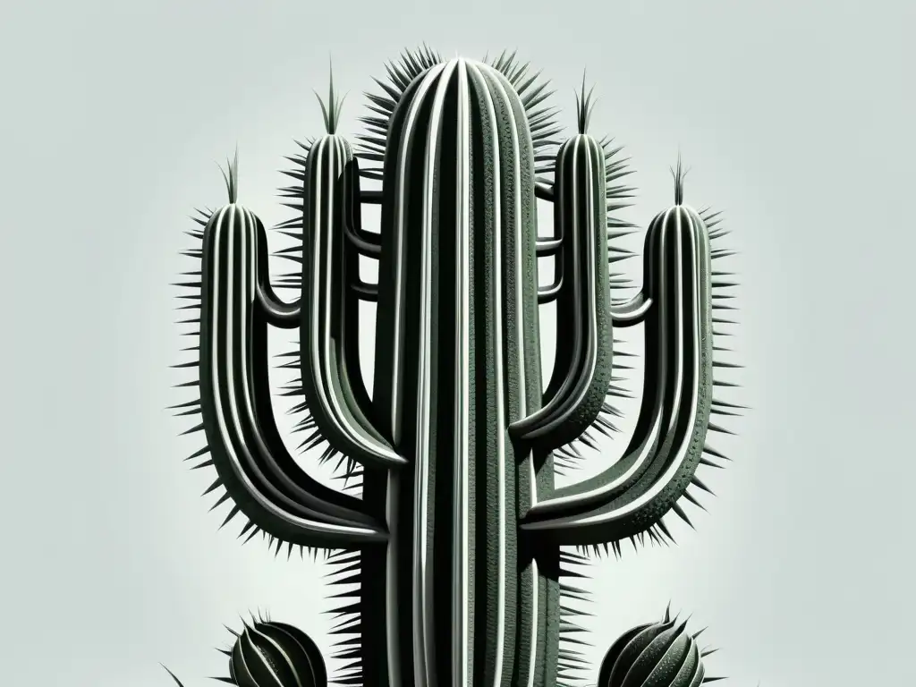 Representación surrealista de plantas en arte, cactus abstracto en líneas blancas y negras