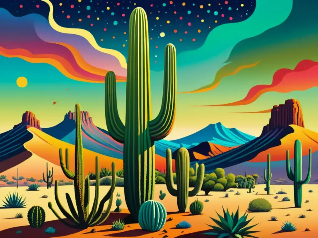 Representación surrealista de plantas en un paisaje desértico con cactus exagerados y colores vibrantes en un cielo irreal