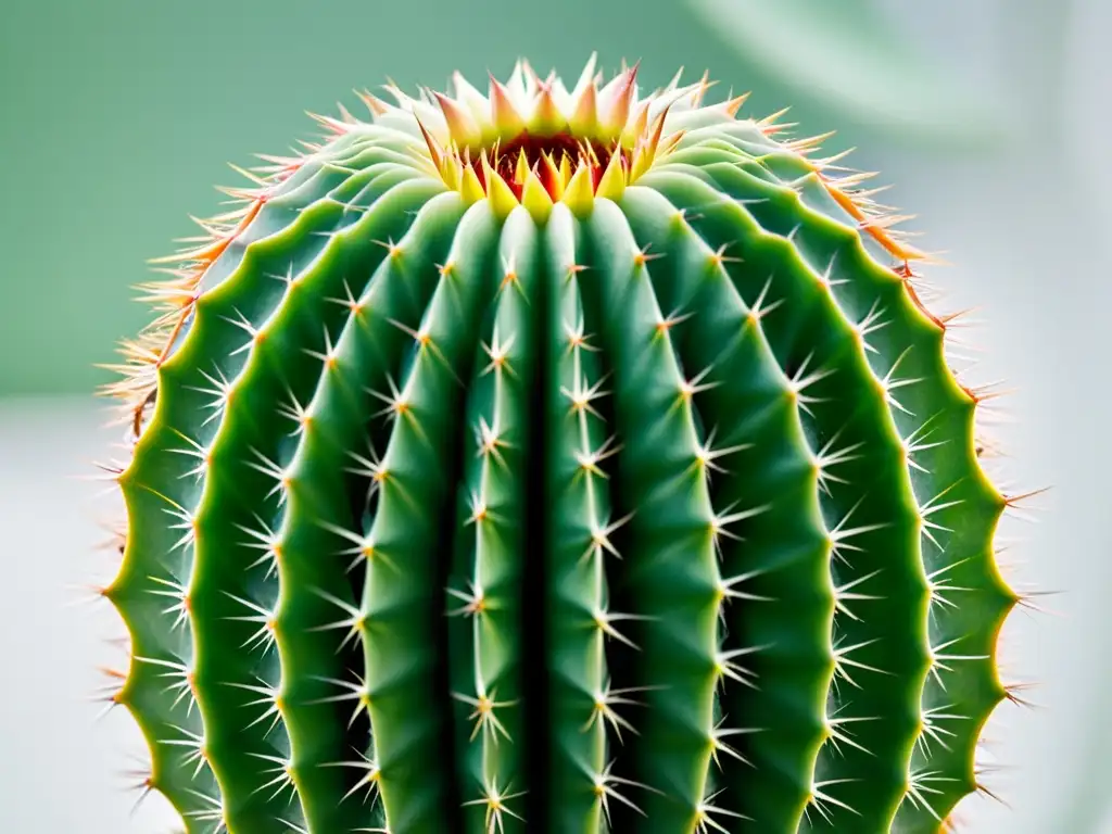 Una representación surrealista de un cactus verde vibrante con patrones y texturas hipnóticas, contrastando con un fondo blanco minimalista