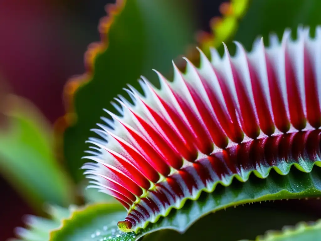 Preparación sustrato plantas carnívoras: Closeup de Venus flytrap rojiza con trampas letales y rocío, cautivadora y peligrosa