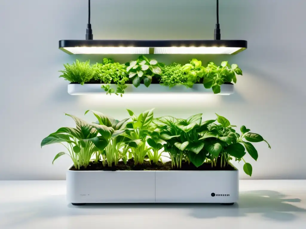 Sustratos alternativos para hidroponía interior: Jardín hidropónico vibrante y exuberante con variedad de vegetales y hierbas en macetas modernas